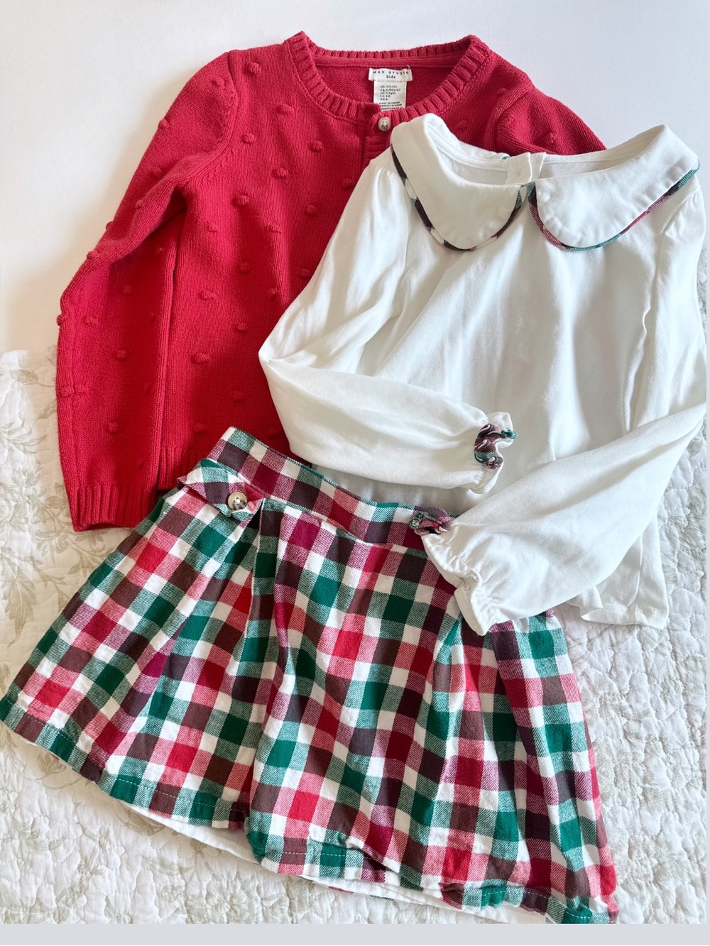 Girls 5-6 Holiday 3-Piece Set Red Cardigan & White Peter Pan Top w/ Plaid Skirt